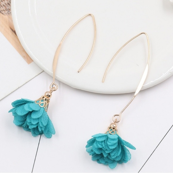 flower gold drop Dangling earrings Jewelry - Teal Flower Long Gold Earrings